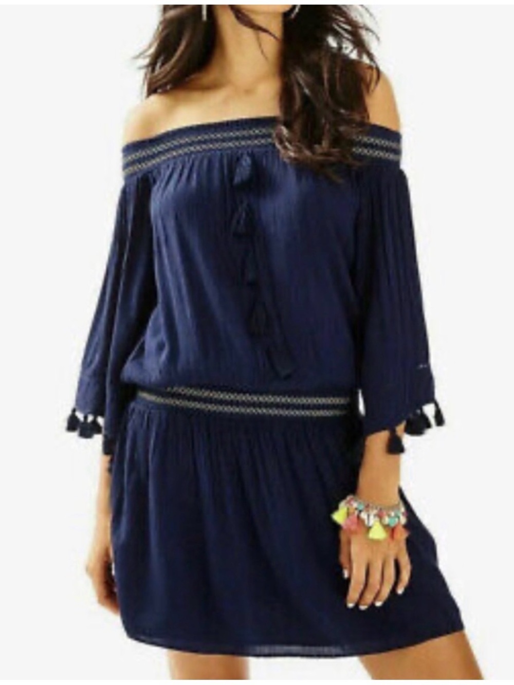 Lilly Pulitzer Joelle Off Shoulder Tassel Dress Navy Blue Womens Medium